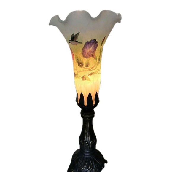 Vintage Tulip Electric Lamp Crimped Frosted Glass Hummingbird Floral Metal Foot - Picture 1 of 10